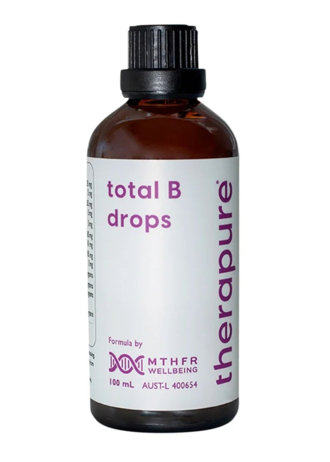Bottle of Therapure total B drops on a white background