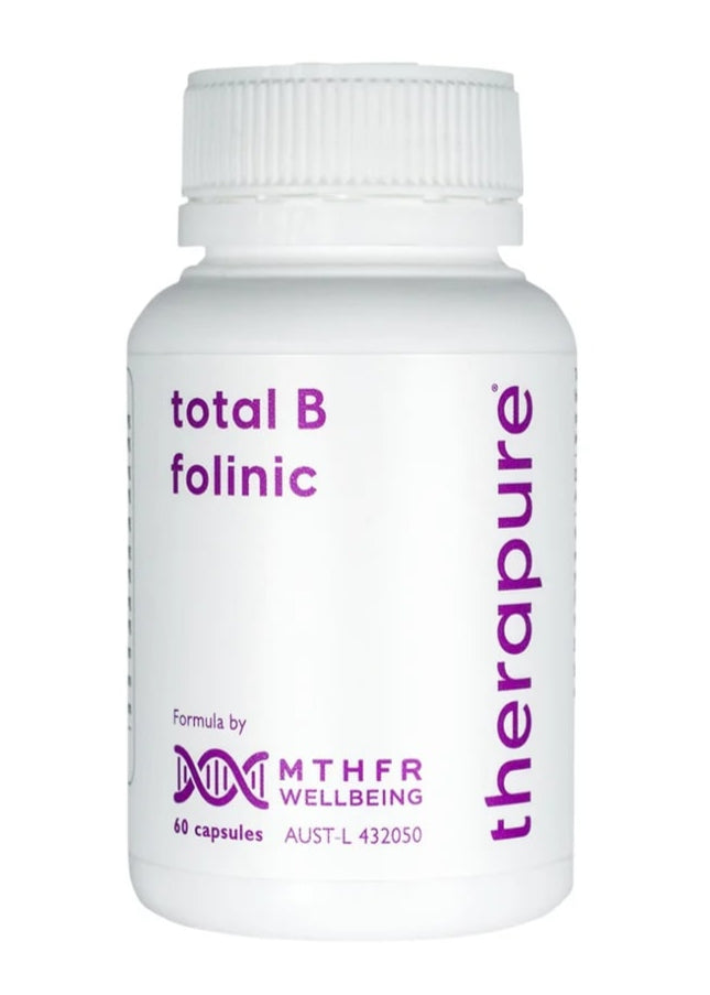 White supplement bottle labeled 'total B folinic' by 'therapure' on a white background