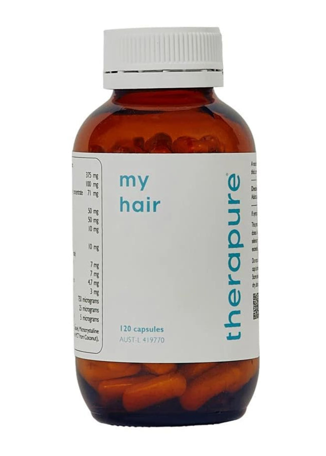 Bottle of Therapure hair supplement capsules on a white background