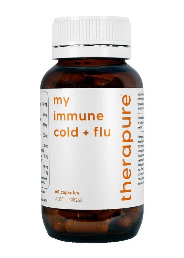 Therapure immune cold + flu supplement bottle on a white background