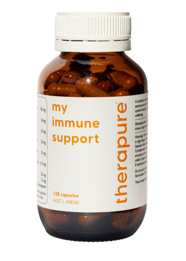 Bottle of 'my immune support' capsules with a white label on a white background