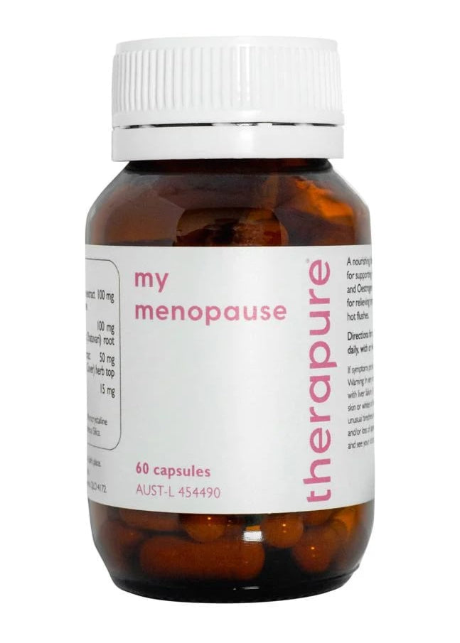 Bottle of Therapure my menopause capsules on a white background