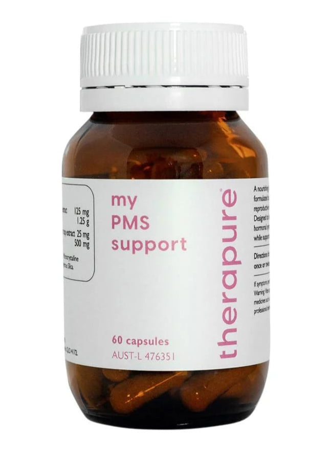 Bottle of Therapure my PMS support capsules on a white background