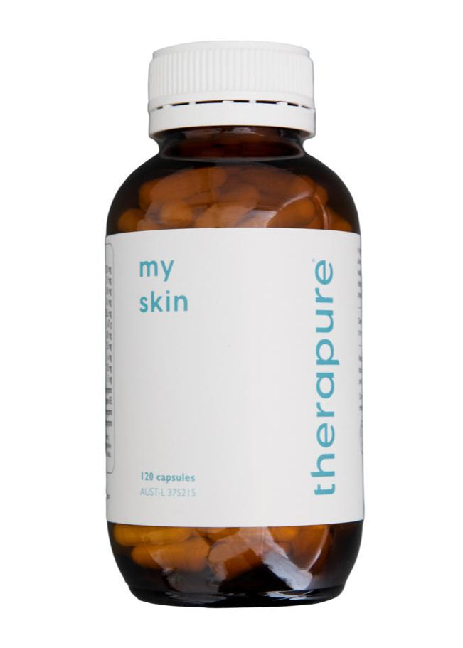 Bottle of 'my skin' capsules by 'therapure' on a white background