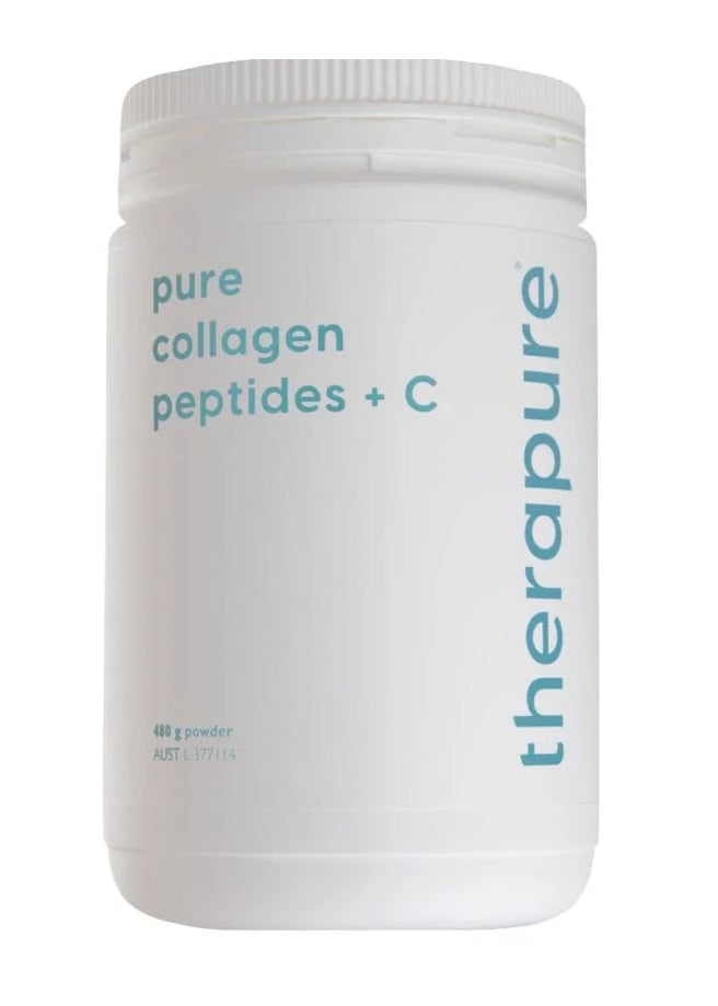 White container of therapure pure collagen peptides + C on a white background