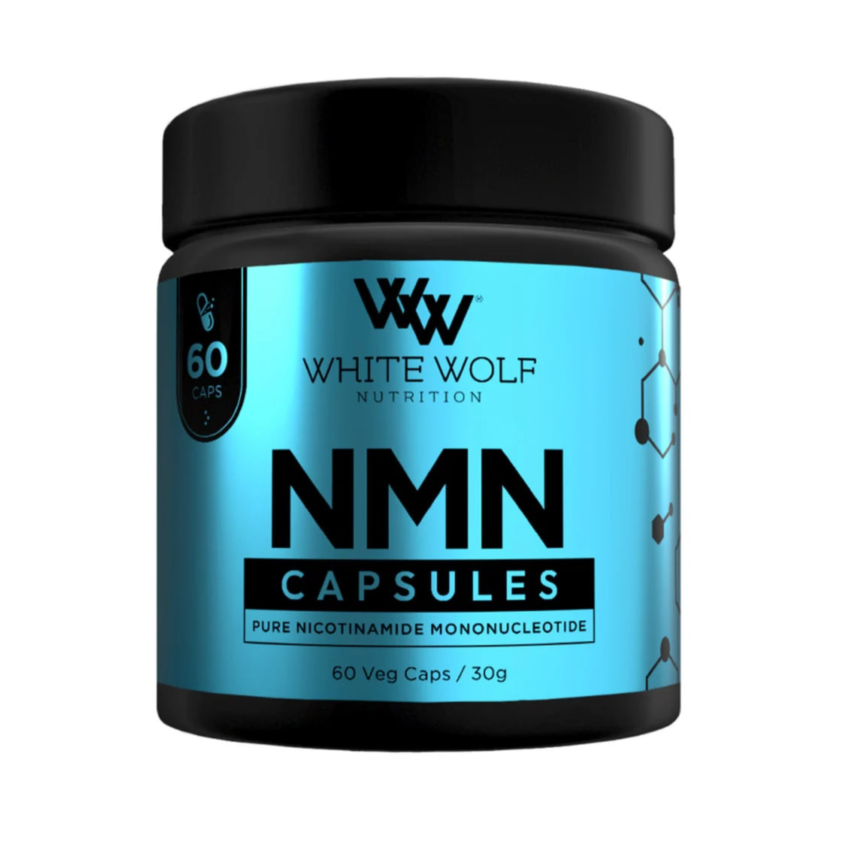 Blue container of White Wolf Nutrition NMN capsules on a white background