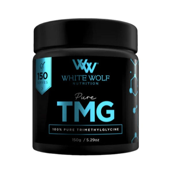 Black container of White Wolf Nutrition Pure TMG on a white background