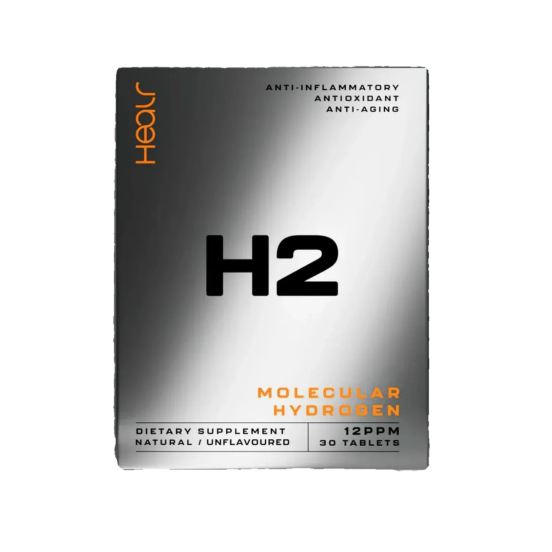 Supplement box labeled 'H2 Molecular Hydrogen' on a white background