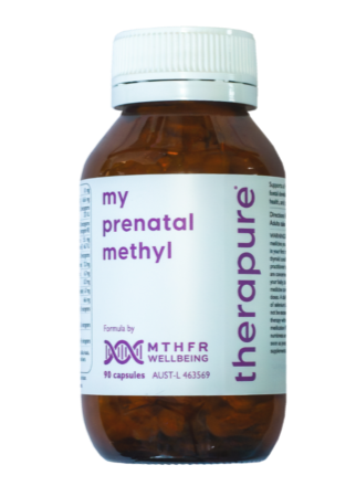 Therapure prenatal supplement bottle on a white background
