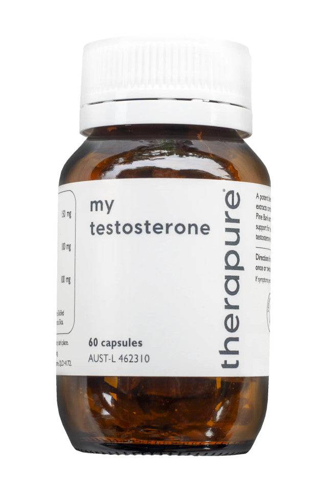 Bottle of Therapure my testosterone capsules on a white background