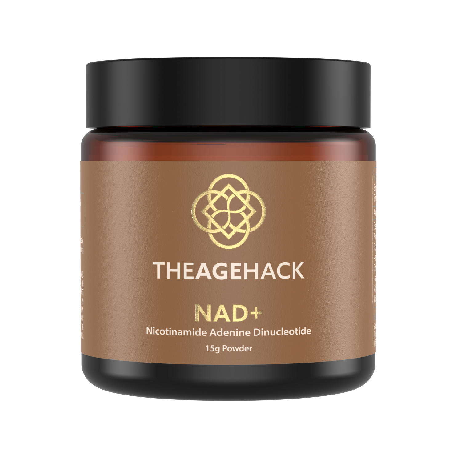 Jar of TheAgeHack NAD+ powder on a white background