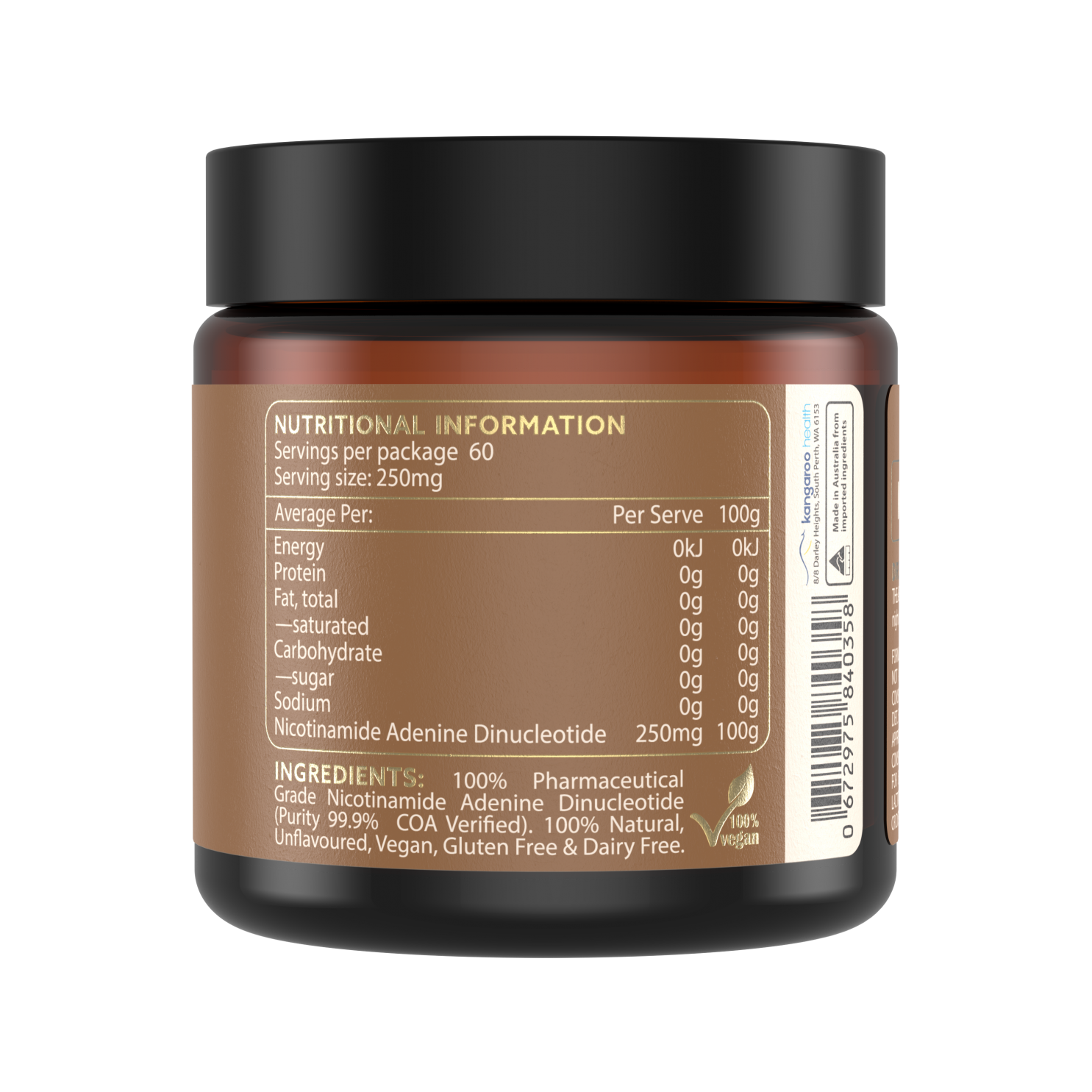Nutritional information label on a supplement container with a white background