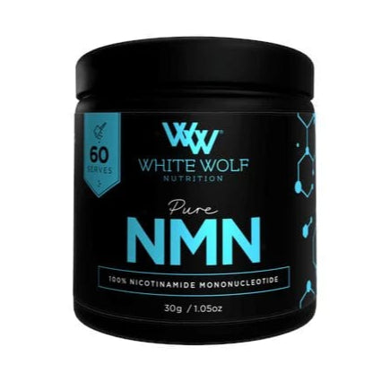 Black container of White Wolf Nutrition Pure NMN on a white background