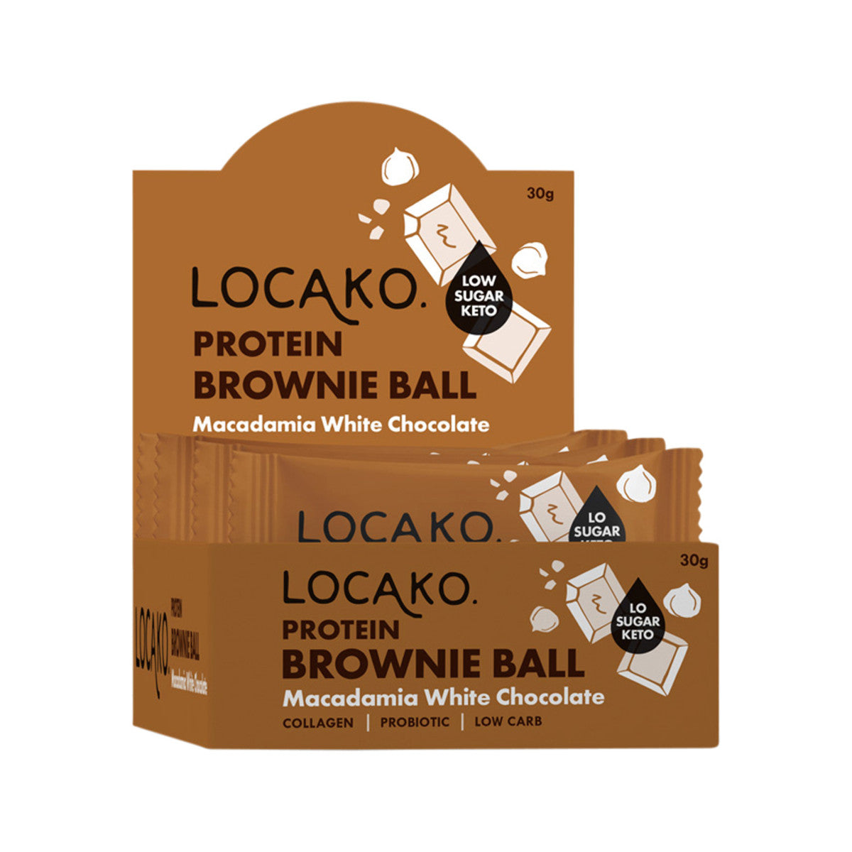 Locako Brown Ball Prot Macadamia White Choc 30g x 10 Disp