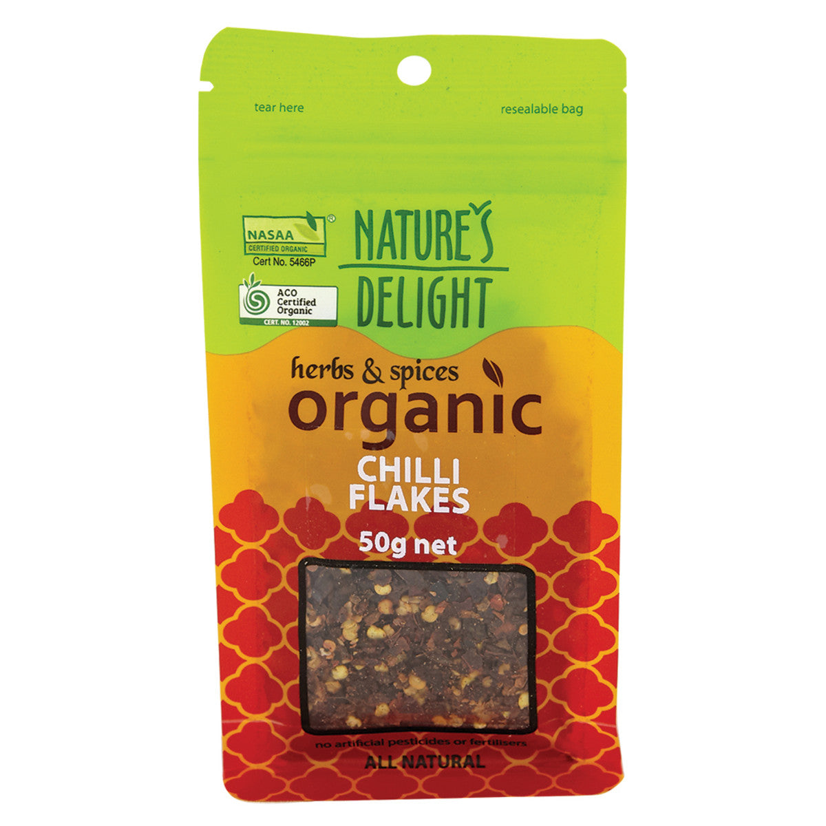 NATURES DELIGHT ORGANIC CHILLI FLAKES 50G