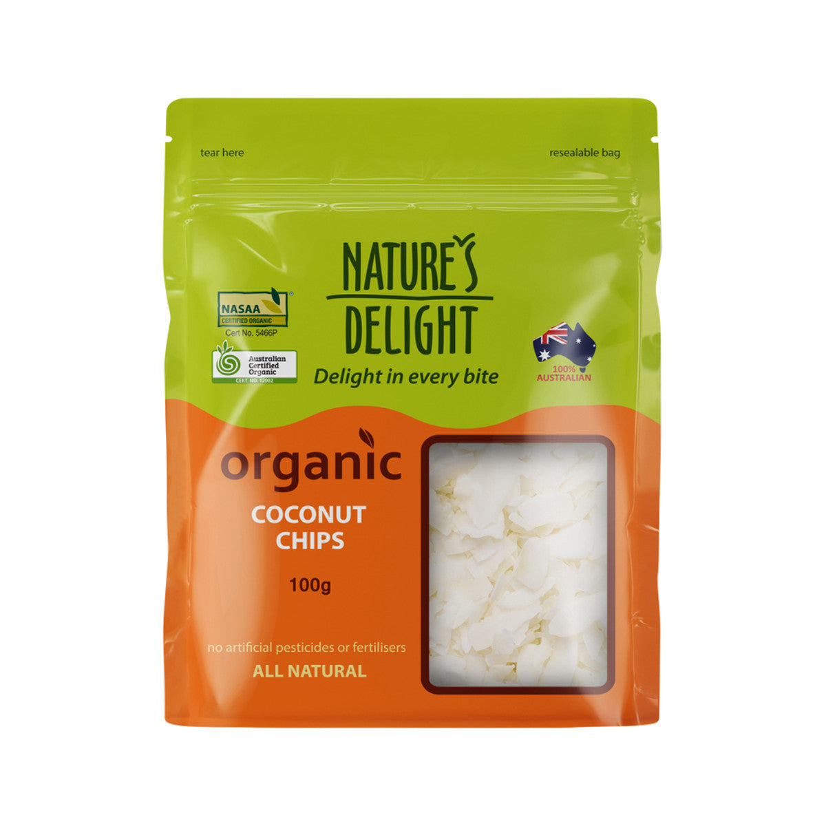 NATURES DELIGHT ORGANIC COCONUT CHIPS 100G