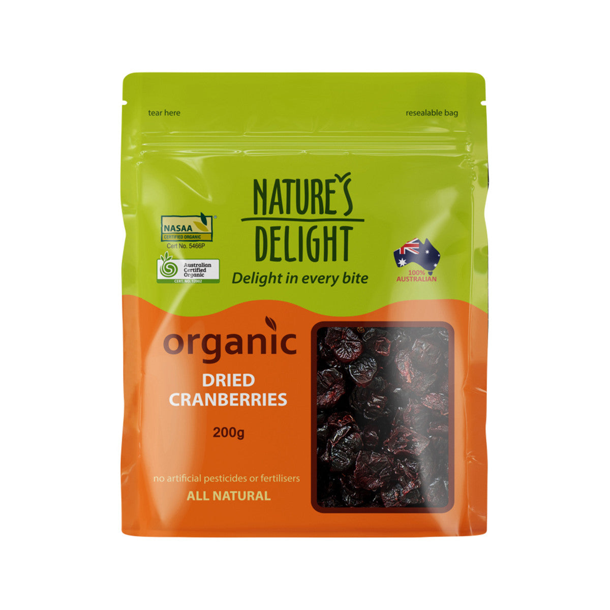 NATURES DELIGHT ORGANIC CRANBERRIES DRIED 200G
